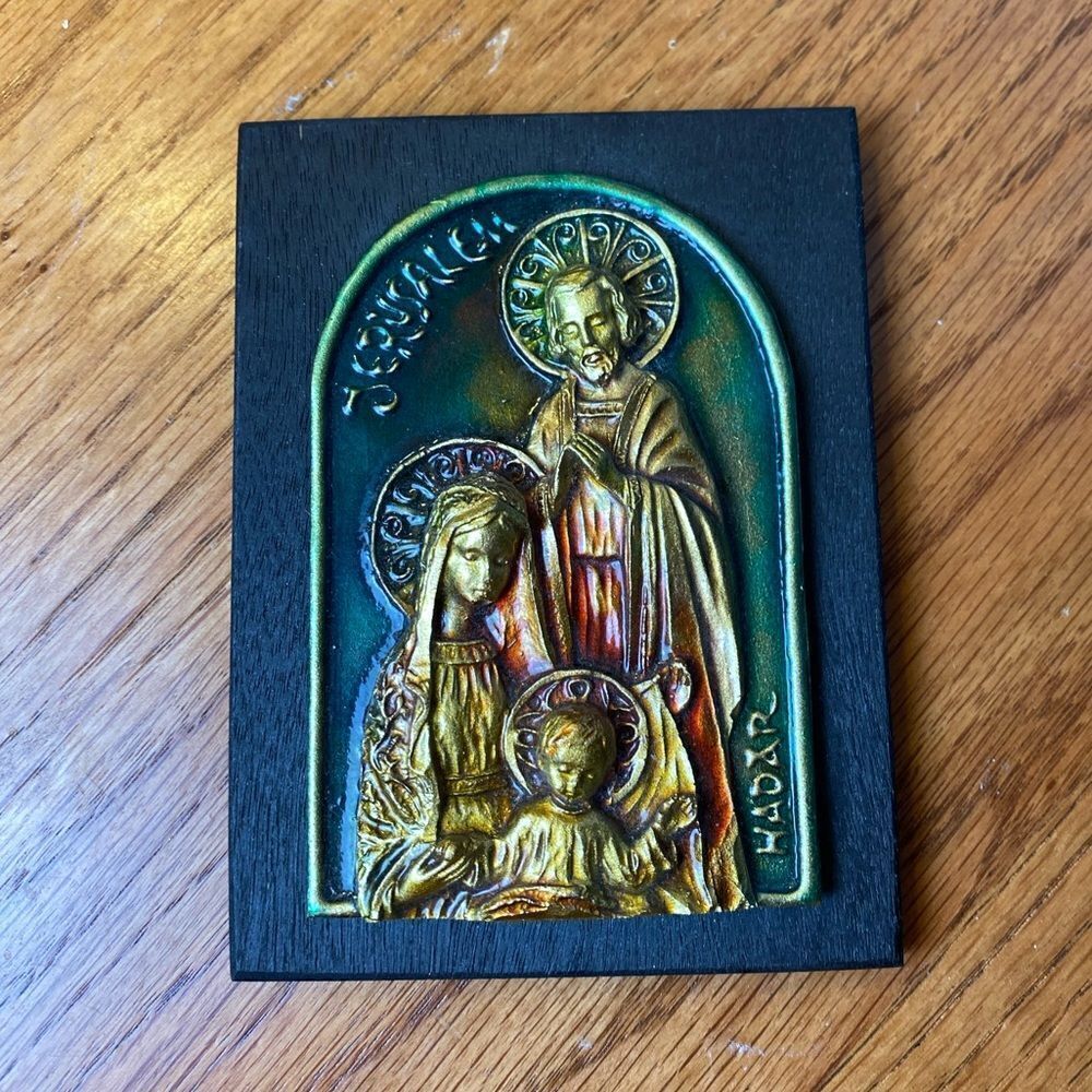 Holy family plaque on wood Vintage